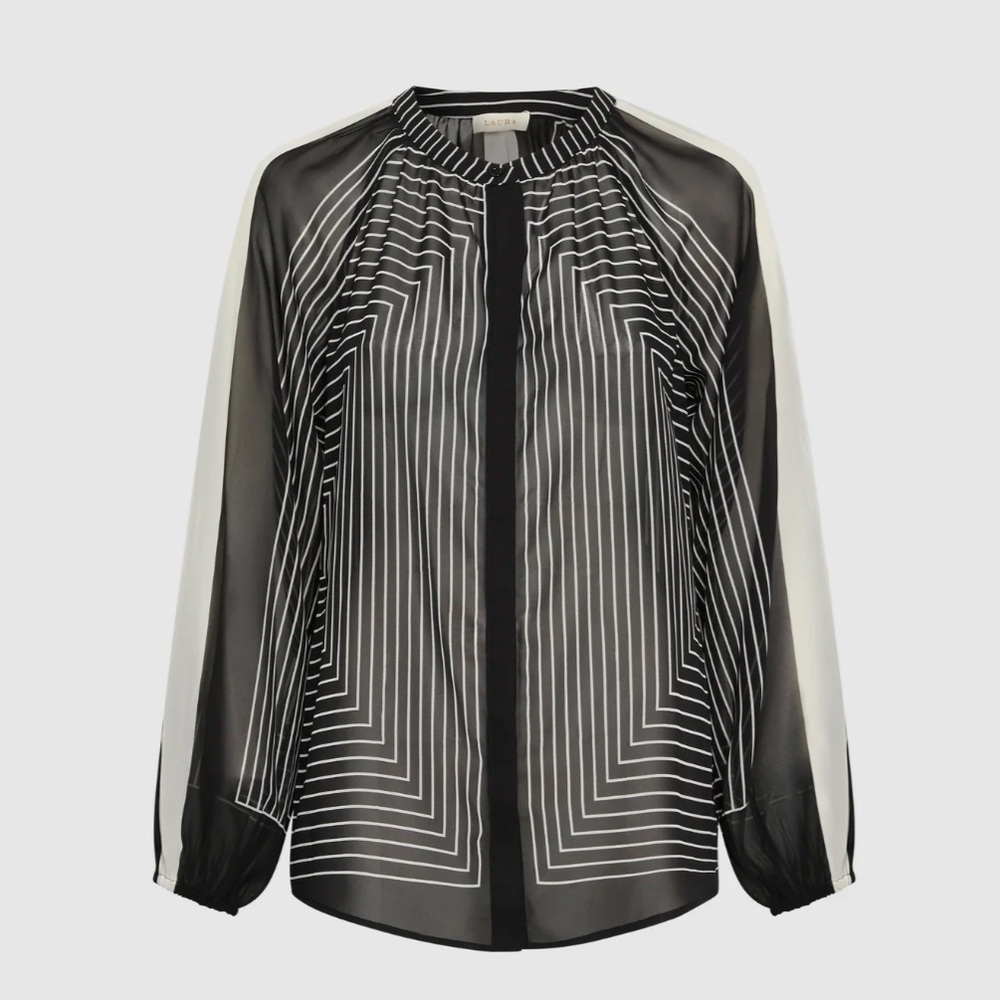 Laura Mixed Stripe Button-Down Sheer Blouse Black and White Pattern - Picture 5 of 13